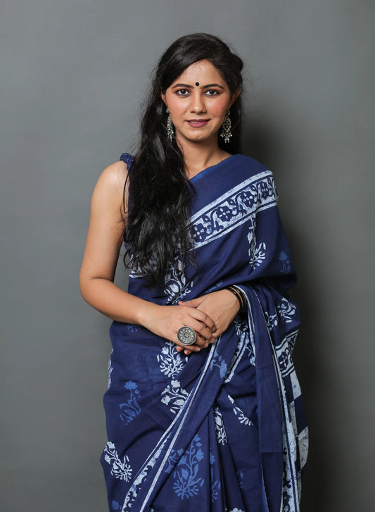 Royal Blue  Cotton Mulmul Saree With Blouse Piece