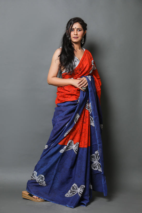 Red & Blue  Cotton Mulmul Saree With Blouse Piece
