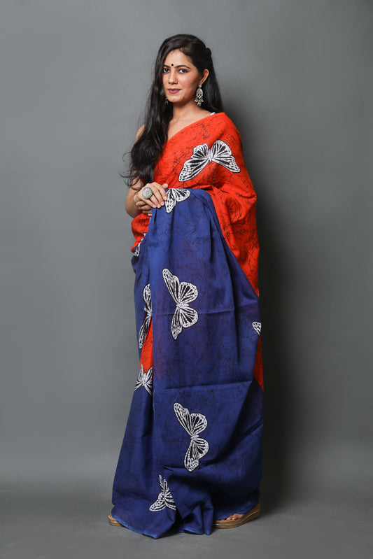 Red & Blue  Cotton Mulmul Saree With Blouse Piece