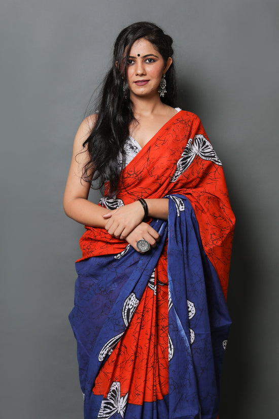 Red & Blue  Cotton Mulmul Saree With Blouse Piece