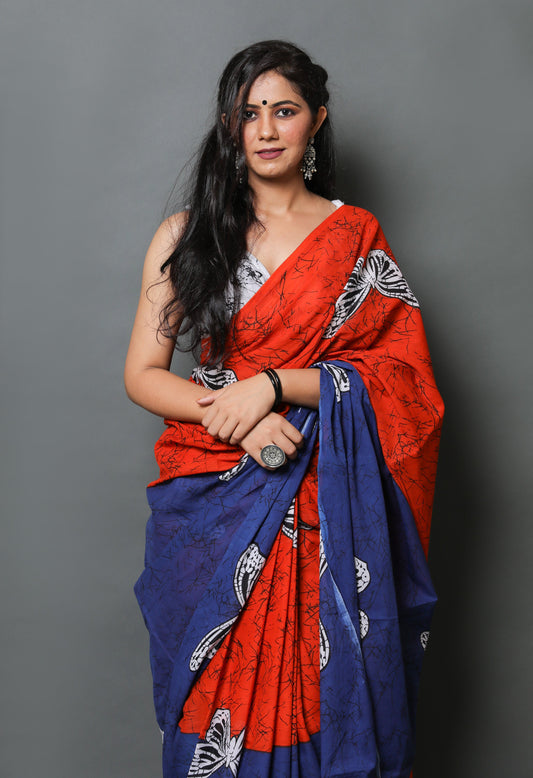 Red & Blue  Cotton Mulmul Saree With Blouse Piece