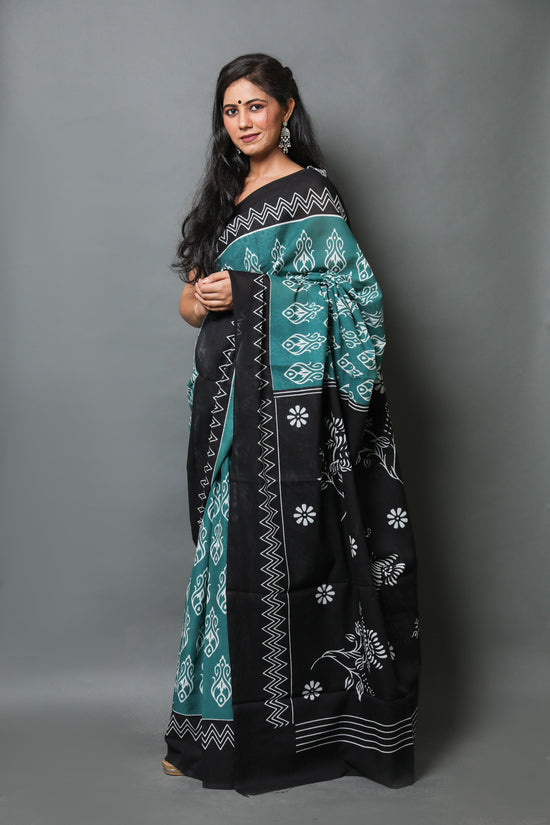 Dark Green Printed  Cotton Mulmul Saree With Blouse Piece