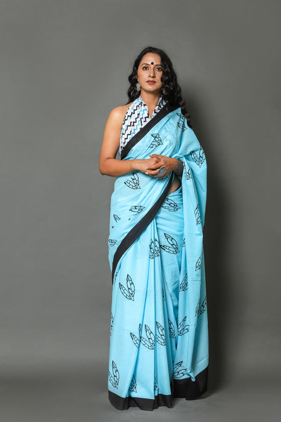 Sky Blue  Cotton Mulmul Saree With Blouse Piece