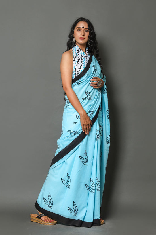 Sky Blue  Cotton Mulmul Saree With Blouse Piece