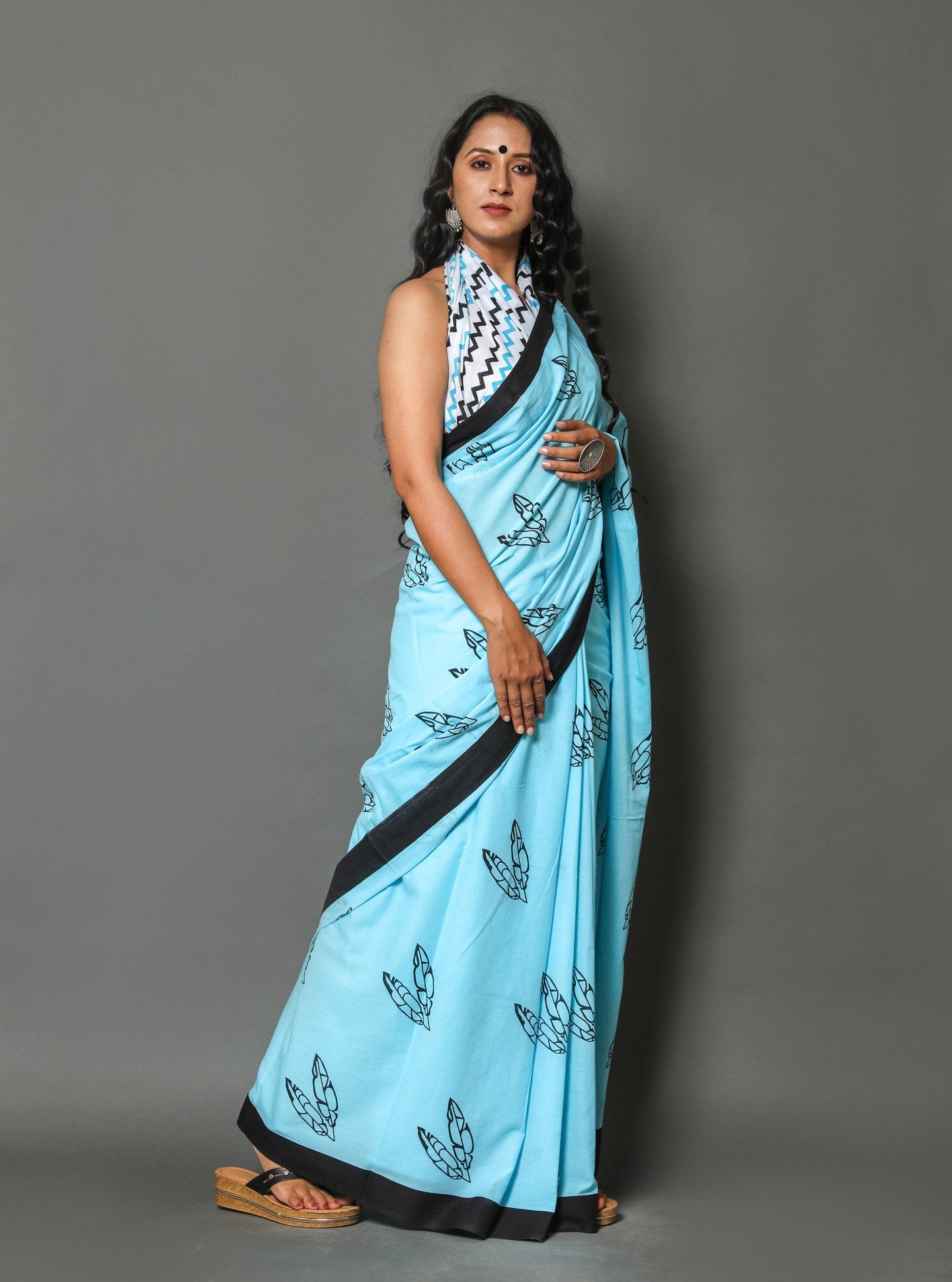 Sky Blue  Cotton Mulmul Saree With Blouse Piece