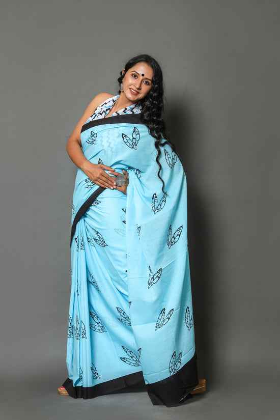 Sky Blue  Cotton Mulmul Saree With Blouse Piece