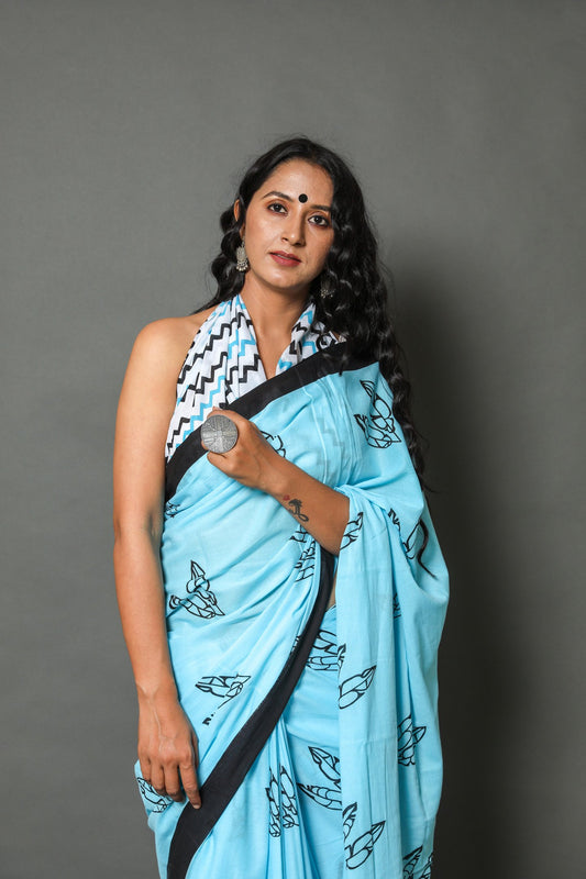 Sky Blue  Cotton Mulmul Saree With Blouse Piece