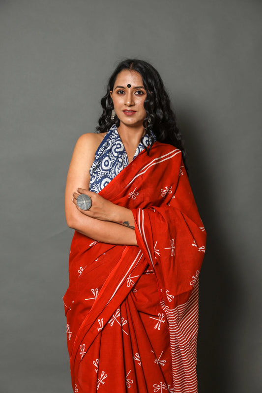 Red buta cotton mulmul saree