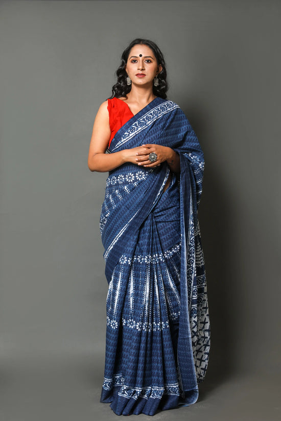 Blue Printed Cotton Mulmul Saree With Blouse Piece