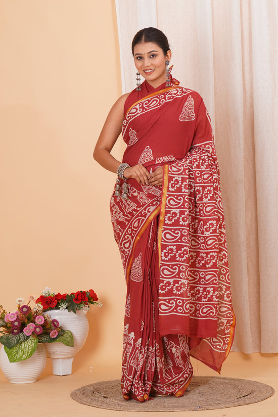 Red Pure Soft Cotton Mulmul Saree with Zari Border and Blouse Piece – Hand Block Printed with Organic Vegetable Dyes