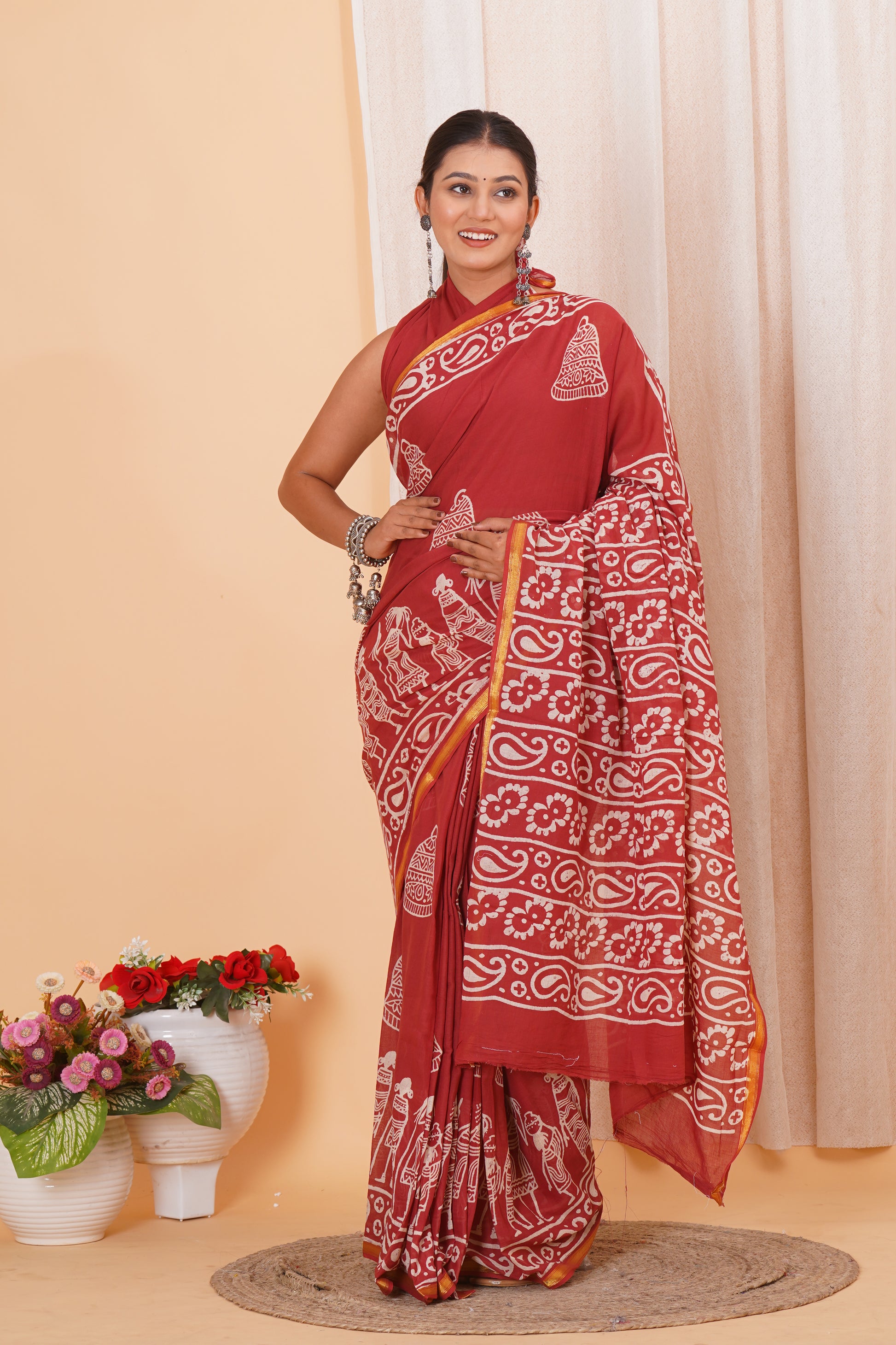 Red Pure Soft Cotton Mulmul Saree with Zari Border and Blouse Piece – Hand Block Printed with Organic Vegetable Dyes