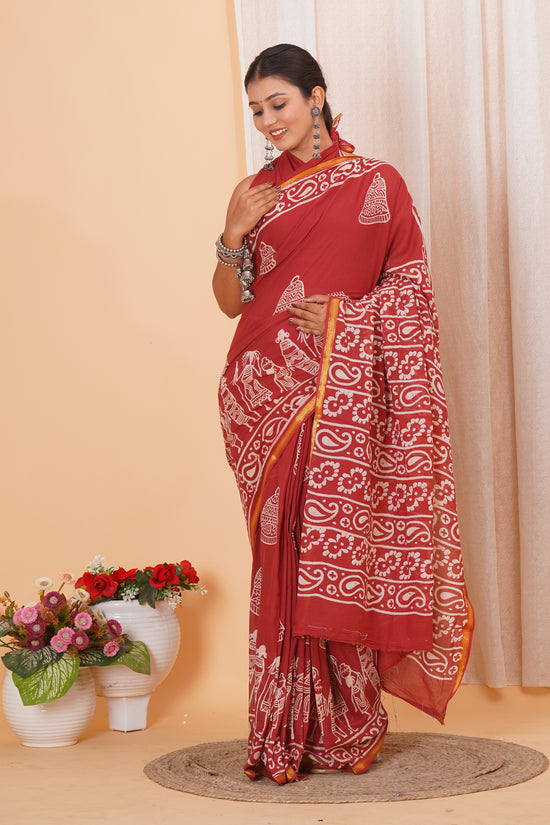 Red Pure Soft Cotton Mulmul Saree with Zari Border and Blouse Piece – Hand Block Printed with Organic Vegetable Dyes
