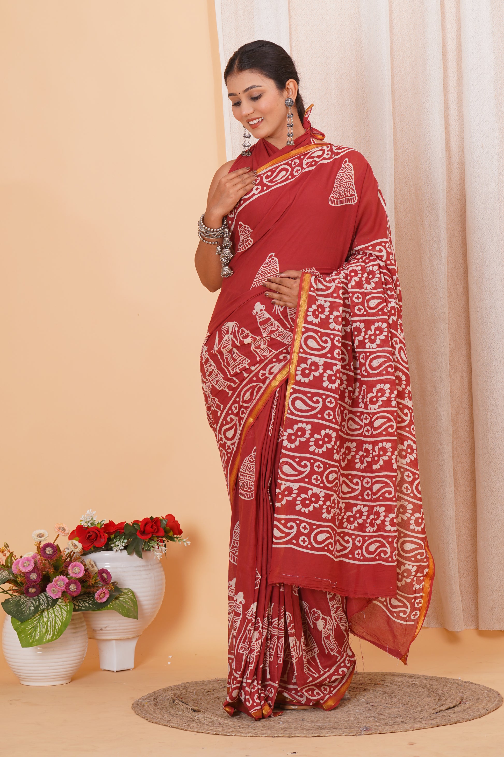 Red Pure Soft Cotton Mulmul Saree with Zari Border and Blouse Piece – Hand Block Printed with Organic Vegetable Dyes