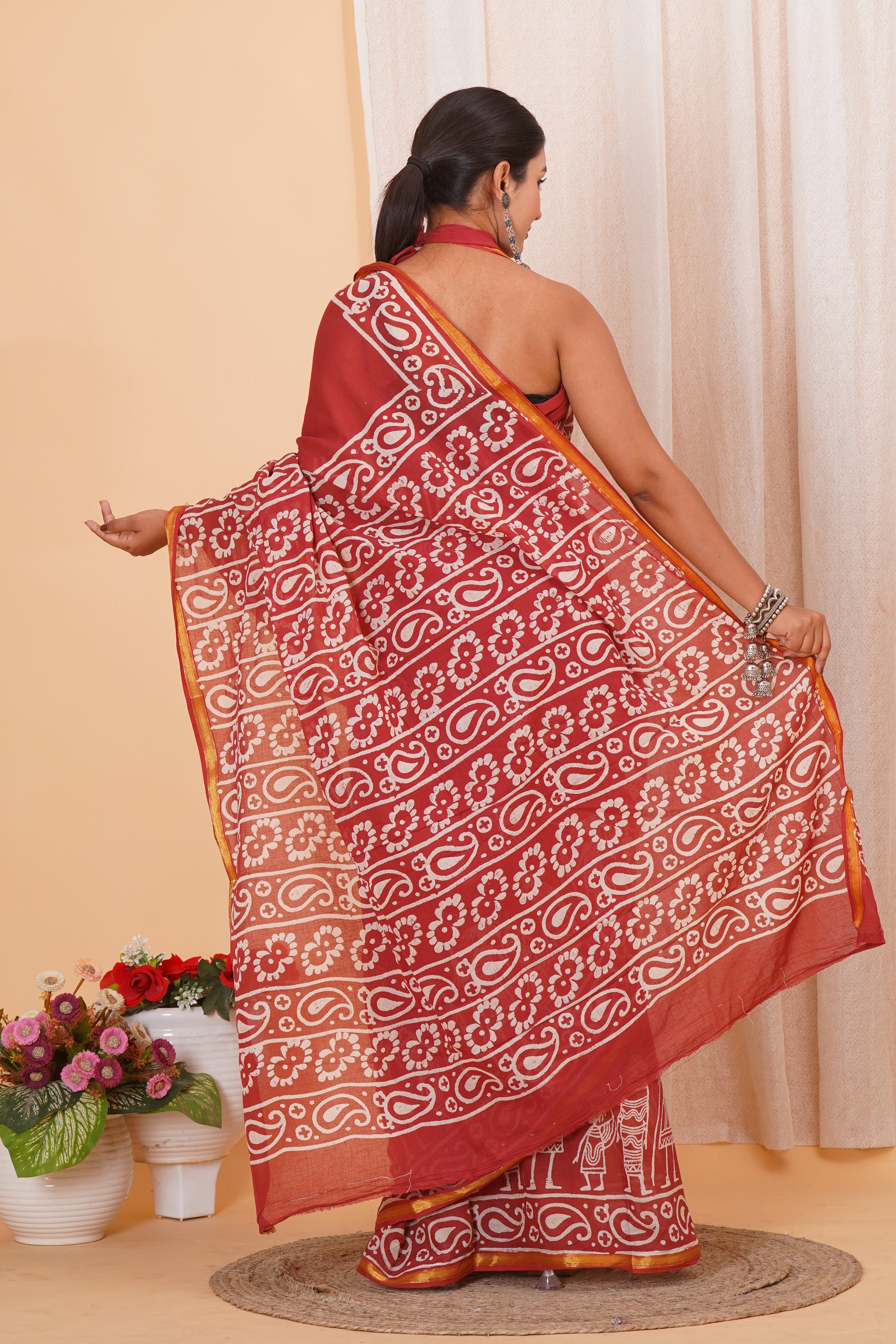 Red Pure Soft Cotton Mulmul Saree with Zari Border and Blouse Piece – Hand Block Printed with Organic Vegetable Dyes