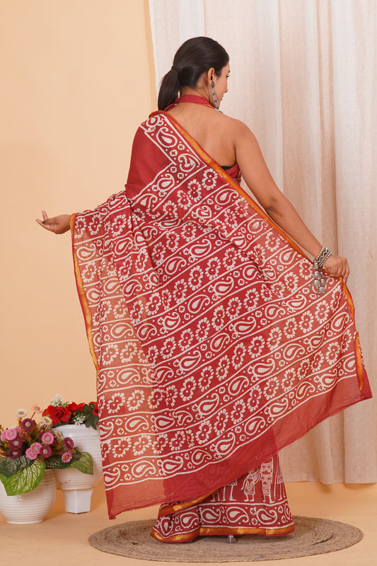 Red Pure Soft Cotton Mulmul Saree with Zari Border and Blouse Piece – Hand Block Printed with Organic Vegetable Dyes