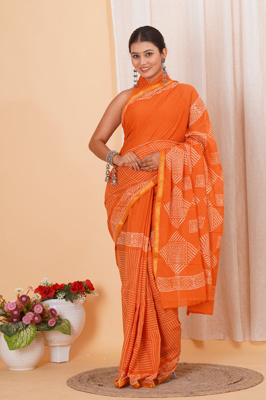 Orange Pure Soft Cotton Mulmul Saree with Zari Border and Blouse Piece – Hand Block Printed with Organic Vegetable Dyes