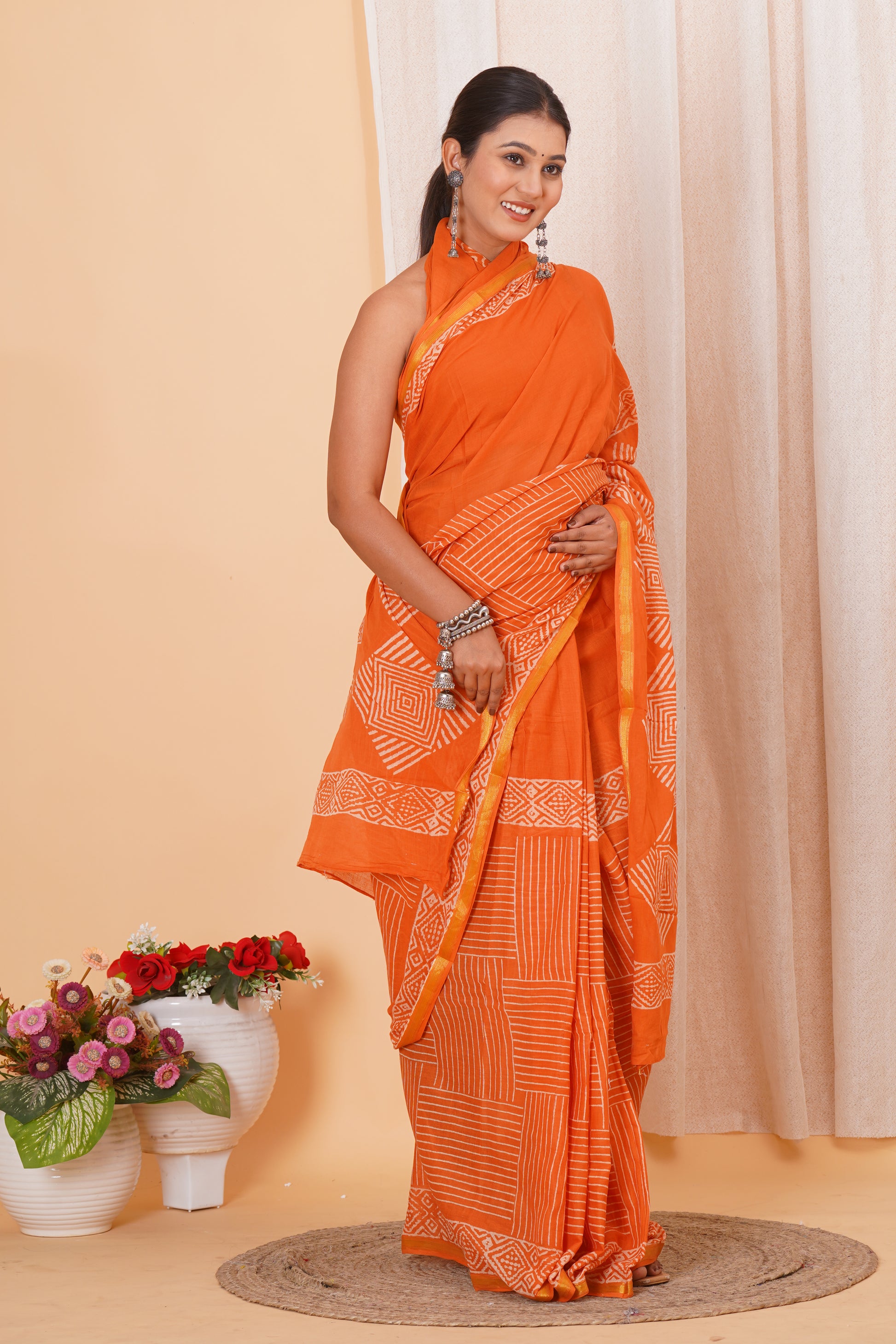Orange Pure Soft Cotton Mulmul Saree with Zari Border and Blouse Piece – Hand Block Printed with Organic Vegetable Dyes