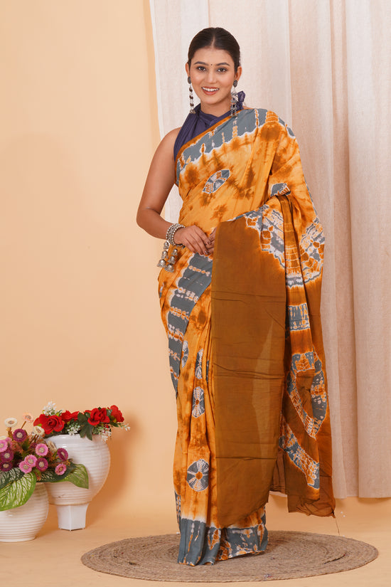 Golden Yellow Cotton Mulmul Saree With Blouse Piece
