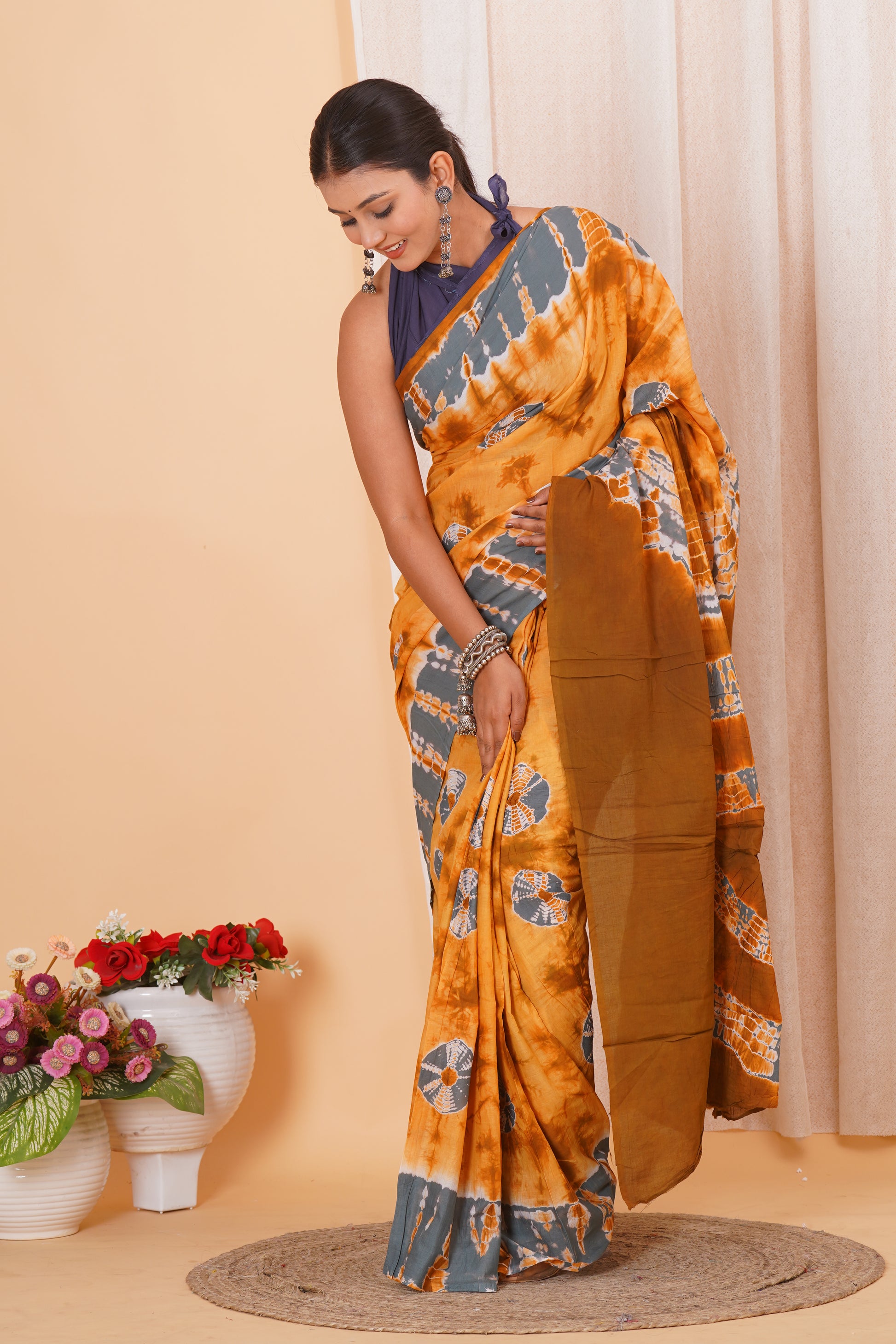 Golden Yellow Cotton Mulmul Saree With Blouse Piece