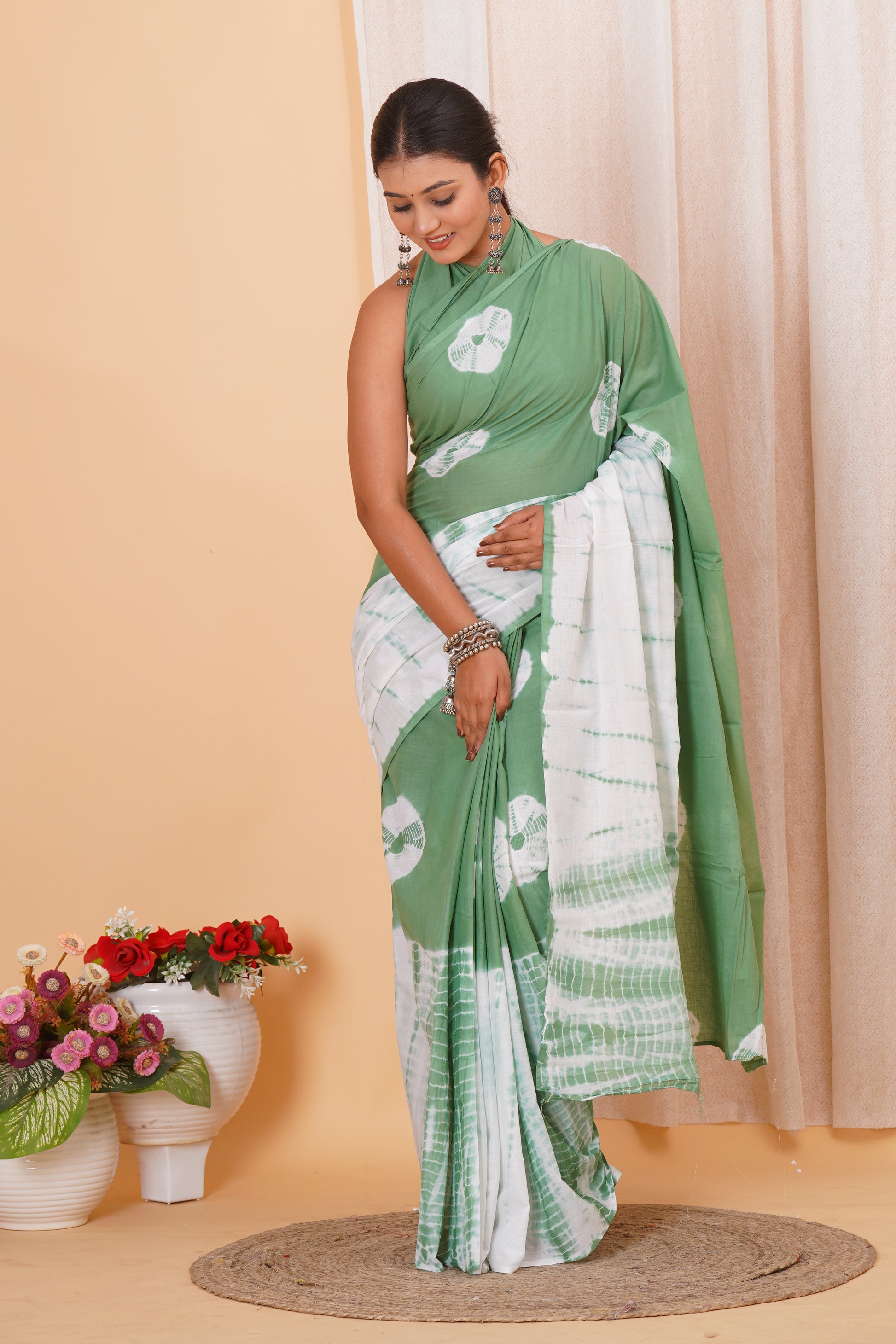 Sage Green Cotton Mulmul Saree With Blouse Piece
