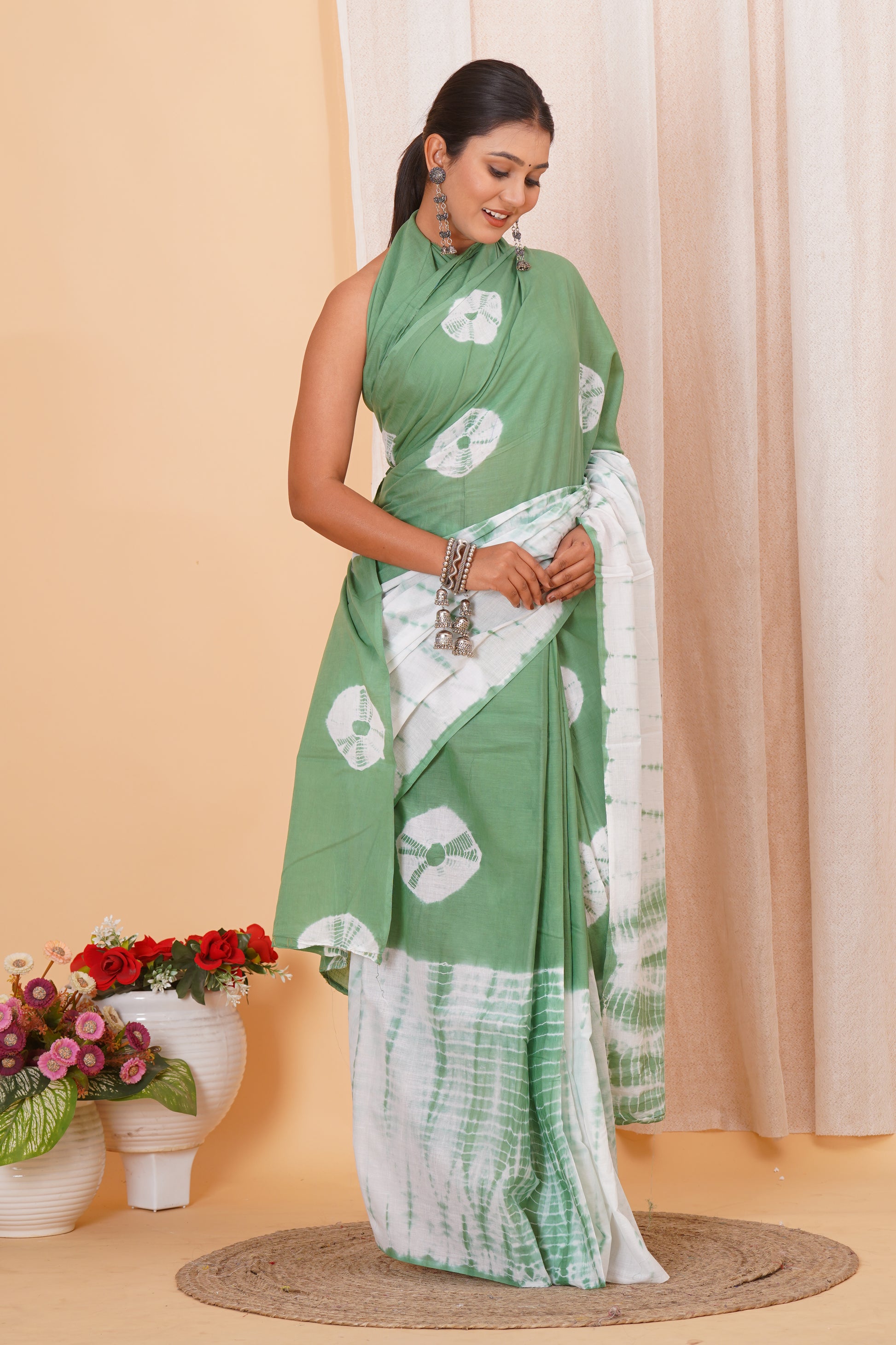 Sage Green Cotton Mulmul Saree With Blouse Piece