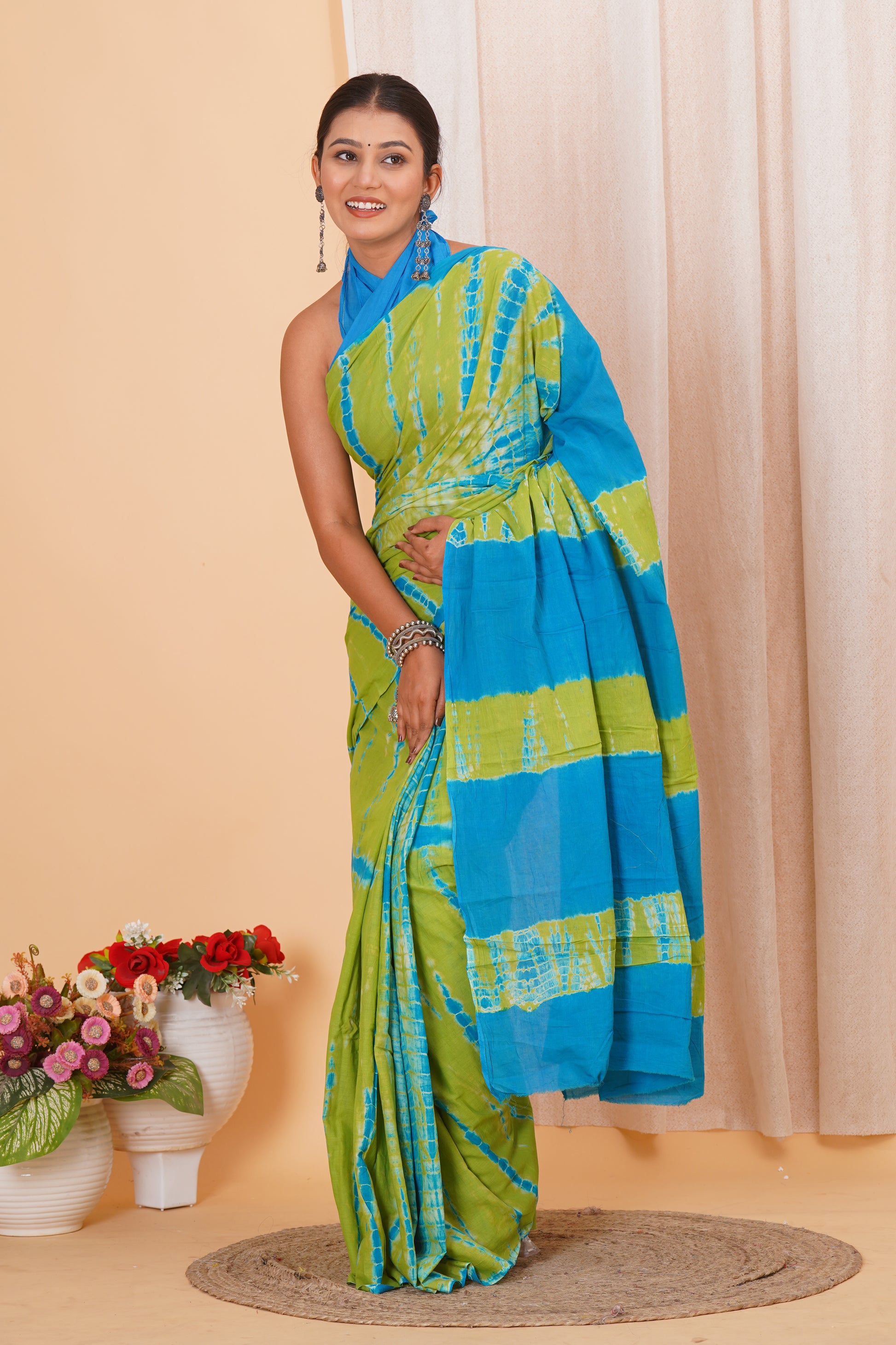 Light Green Cotton Mulmul Saree With Blouse Piece