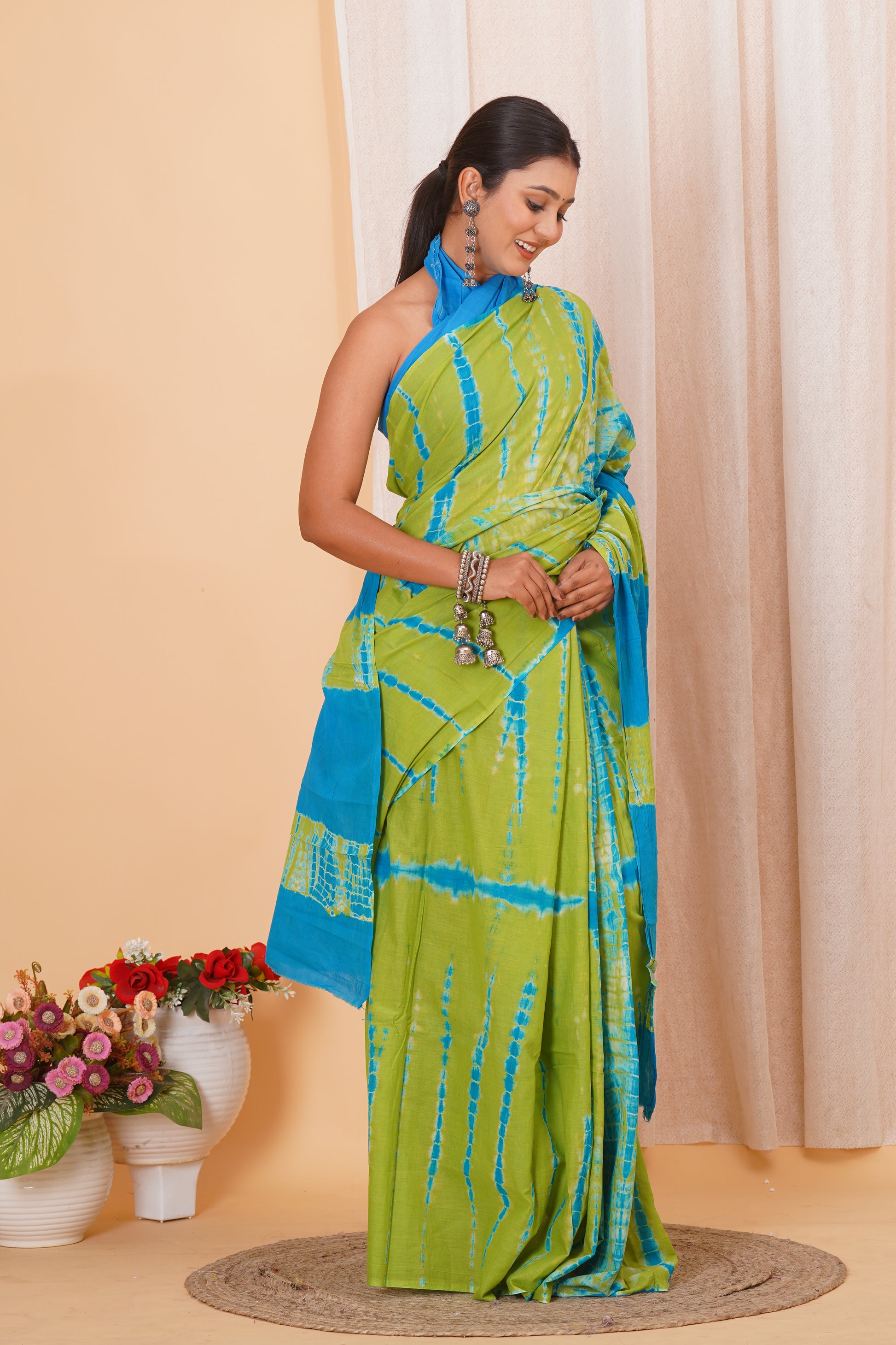Light Green Cotton Mulmul Saree With Blouse Piece