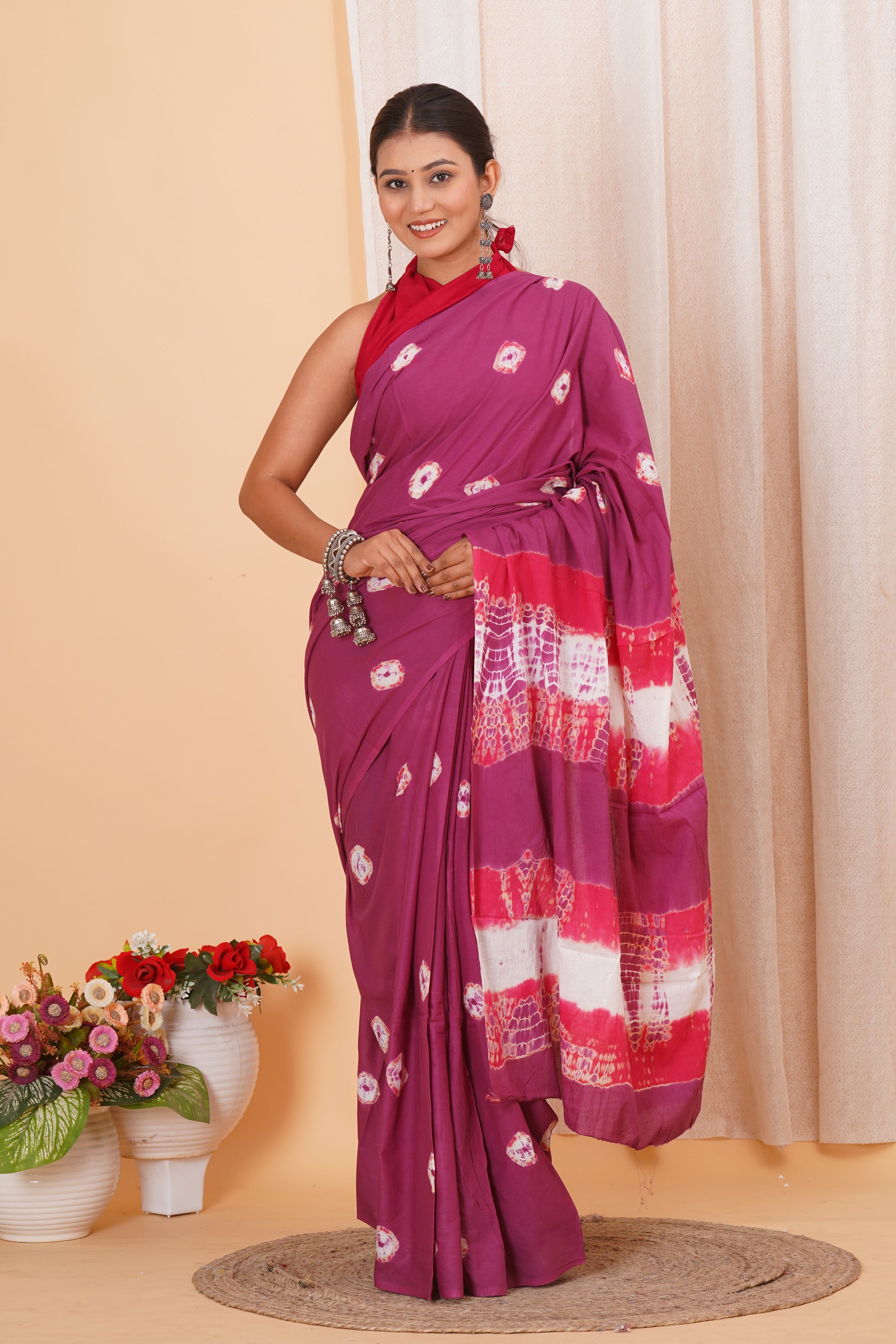Magenta Cotton Mulmul Saree With Blouse Piece