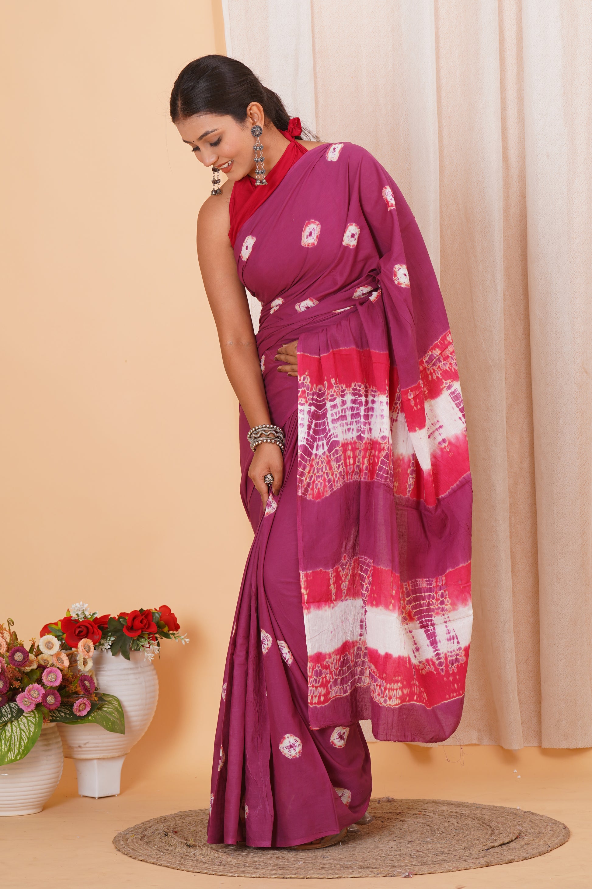 Magenta Cotton Mulmul Saree With Blouse Piece