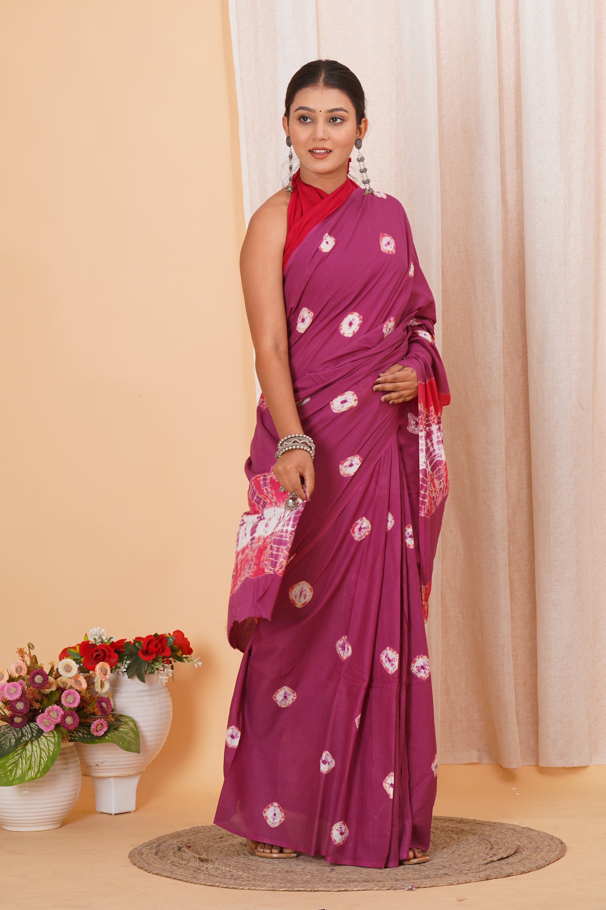Magenta Cotton Mulmul Saree With Blouse Piece