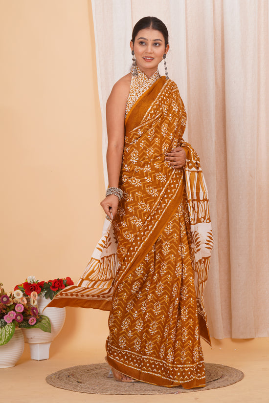 Dark Brown Cotton Mulmul Saree With Blouse Piece