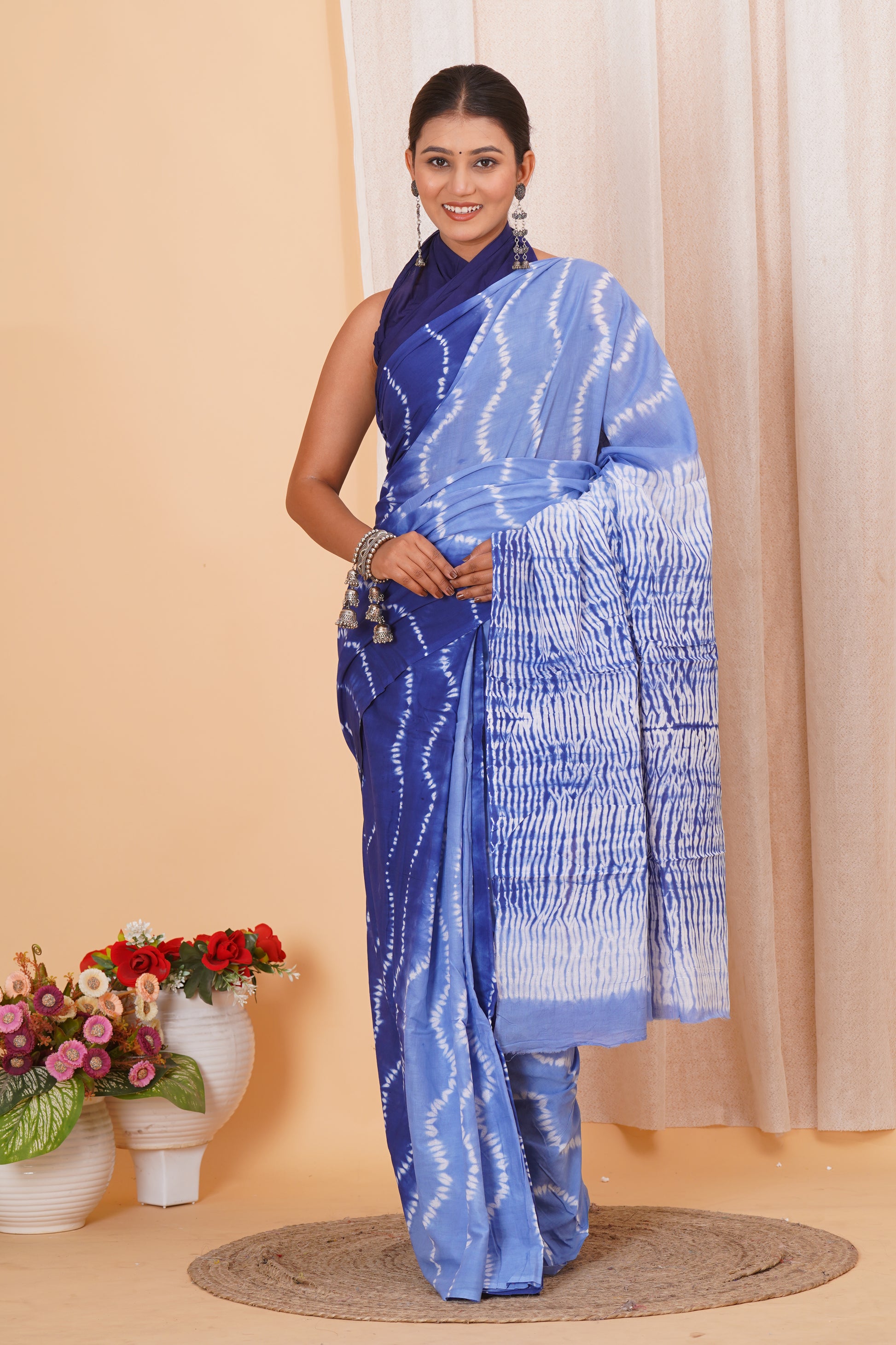 Sky Blue Cotton Mulmul Saree With Blouse Piece