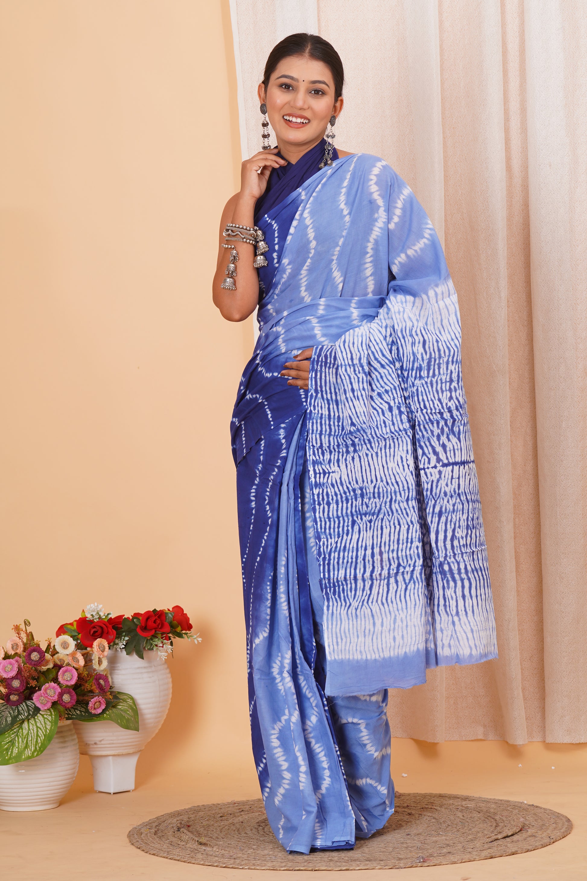 Sky Blue Cotton Mulmul Saree With Blouse Piece