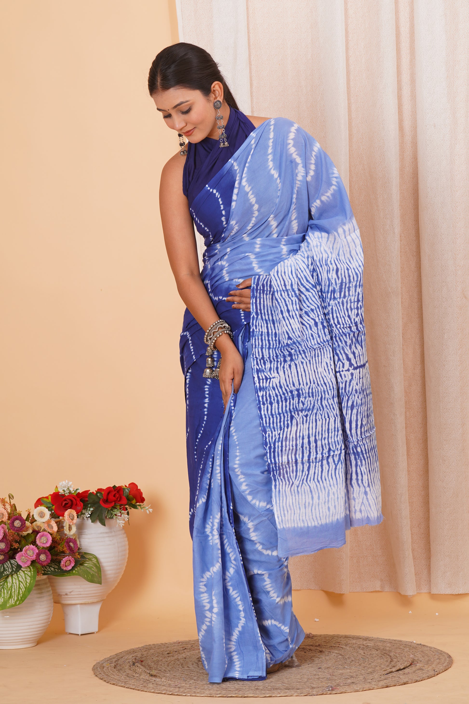 Sky Blue Cotton Mulmul Saree With Blouse Piece