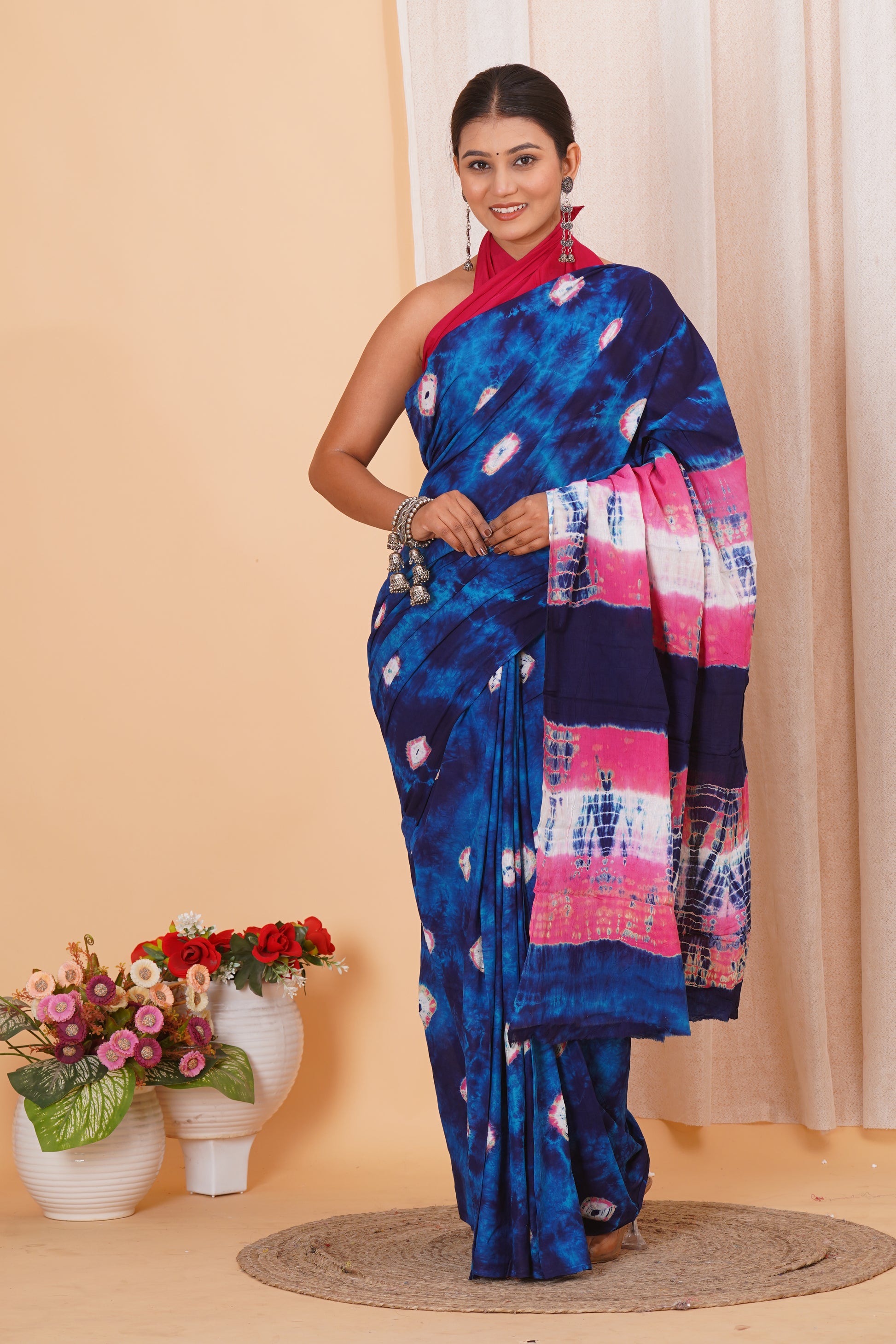 Dark Blue Cotton Mulmul Saree With Blouse Piece