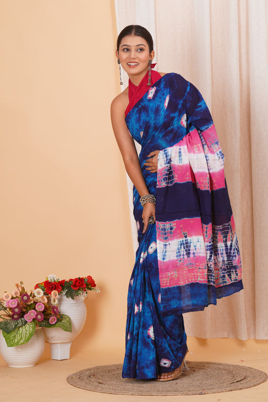 Dark Blue Cotton Mulmul Saree With Blouse Piece