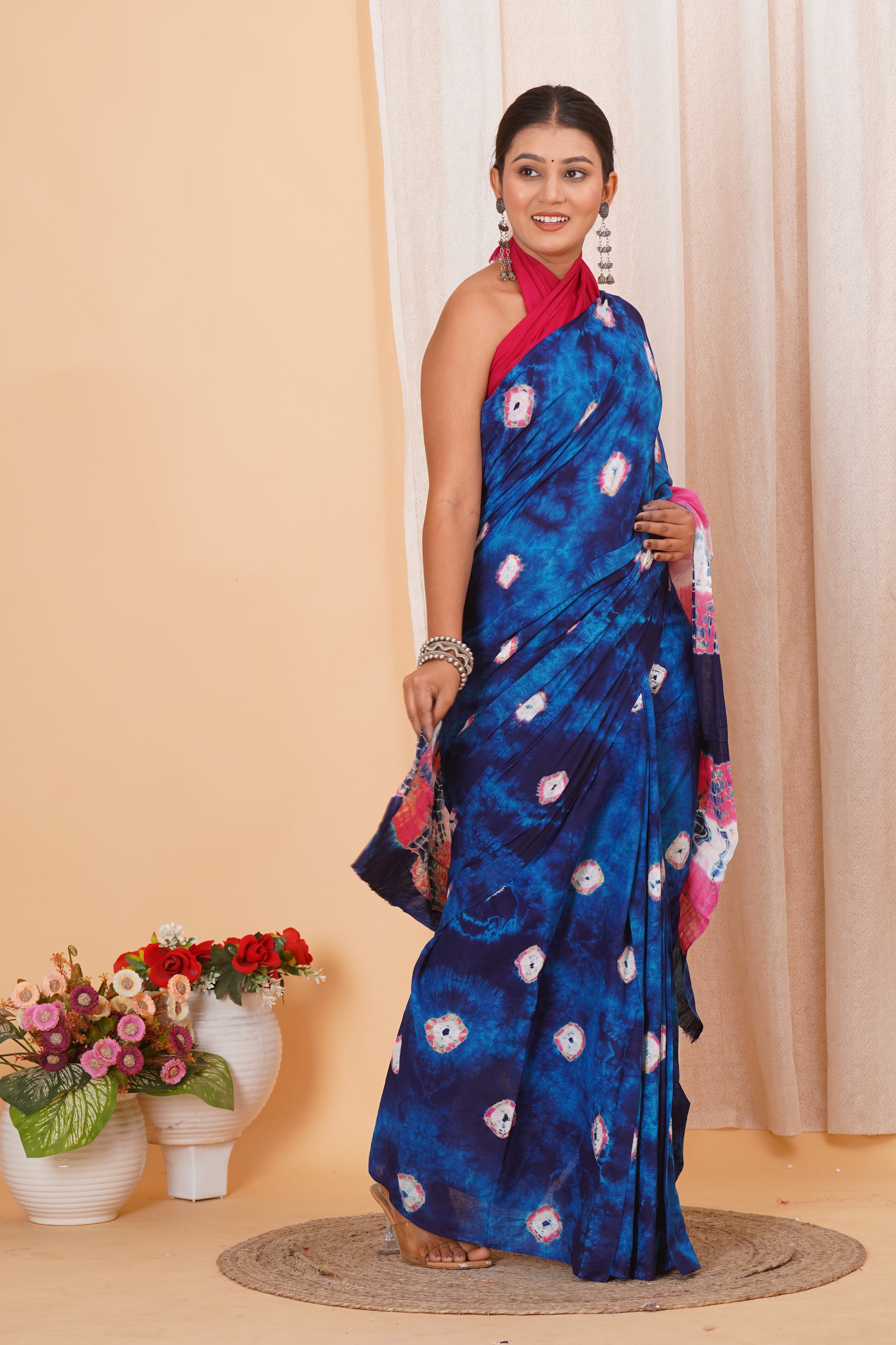 Dark Blue Cotton Mulmul Saree With Blouse Piece