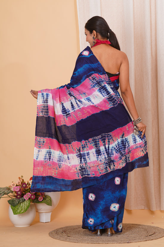 Dark Blue Cotton Mulmul Saree With Blouse Piece