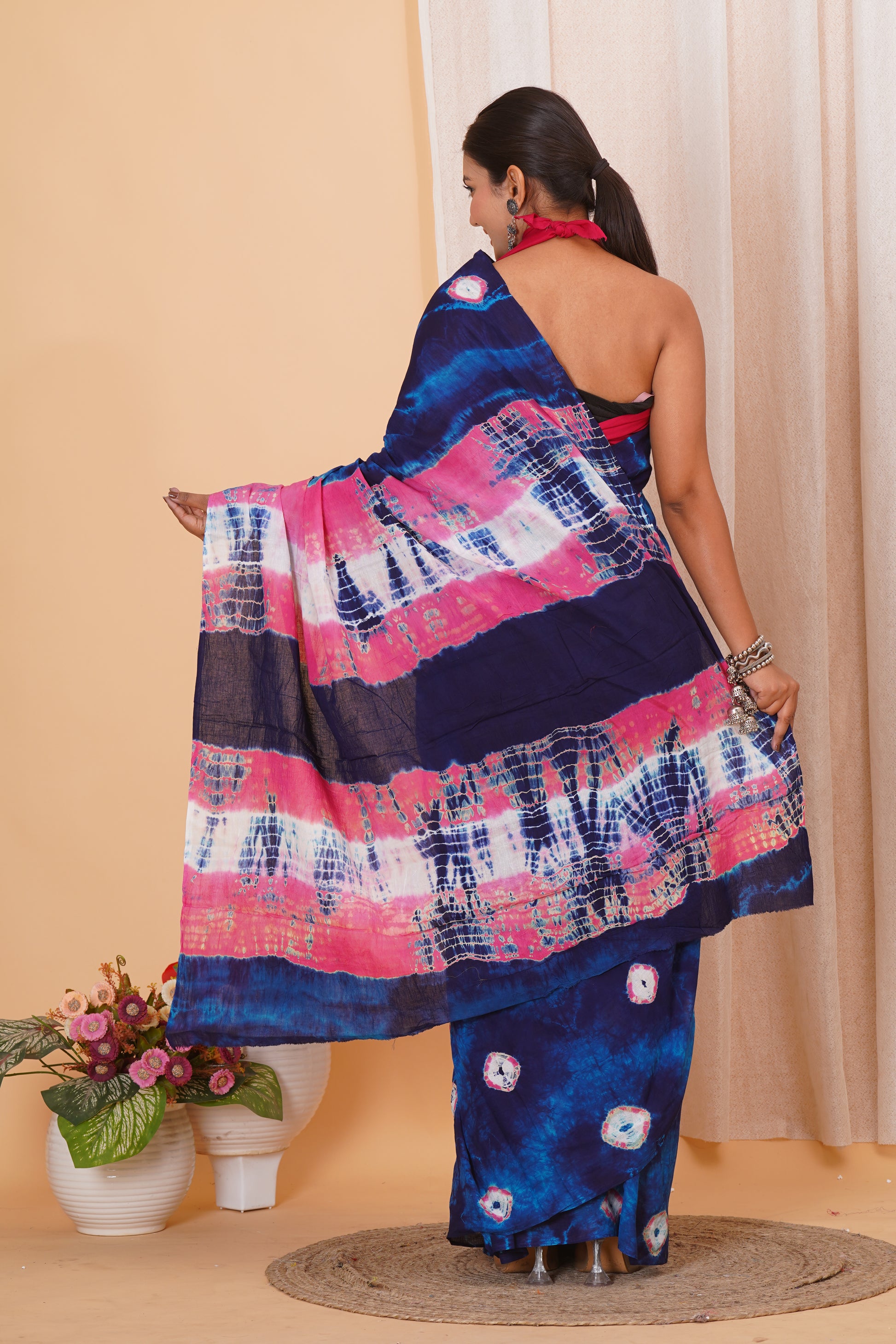 Dark Blue Cotton Mulmul Saree With Blouse Piece