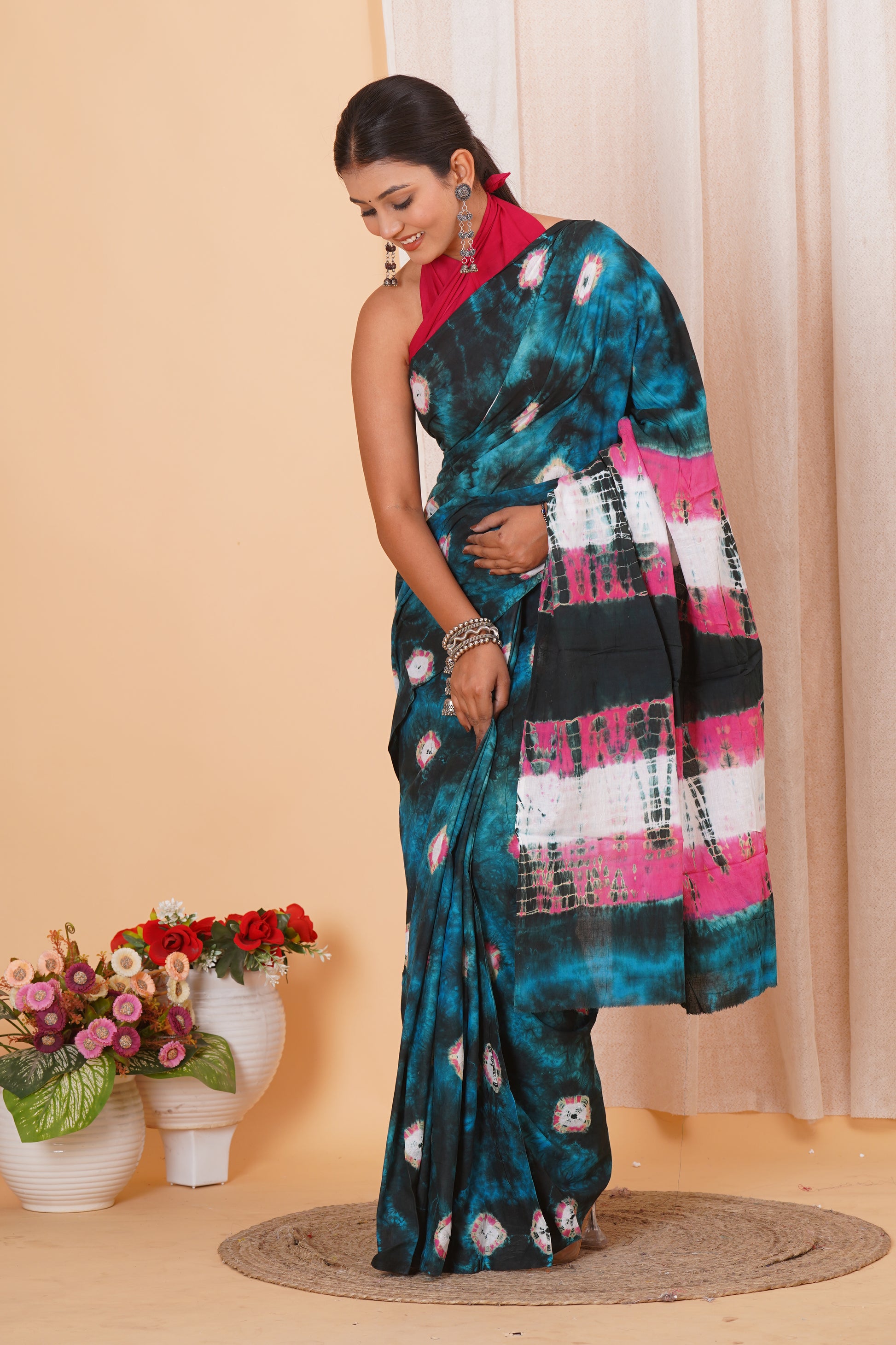 Blue-Green Cotton Mulmul Saree With Blouse Piece