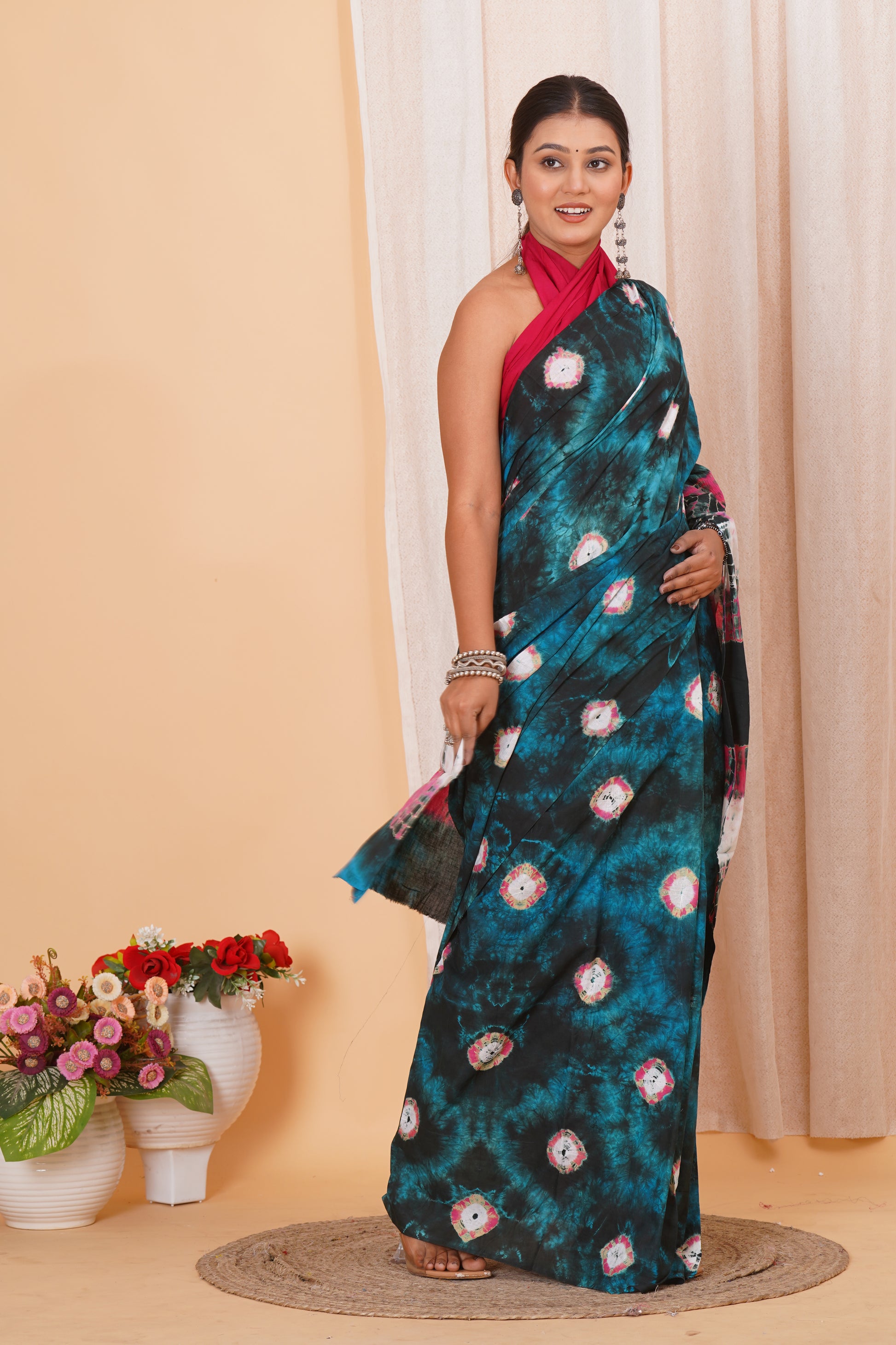 Blue-Green Cotton Mulmul Saree With Blouse Piece