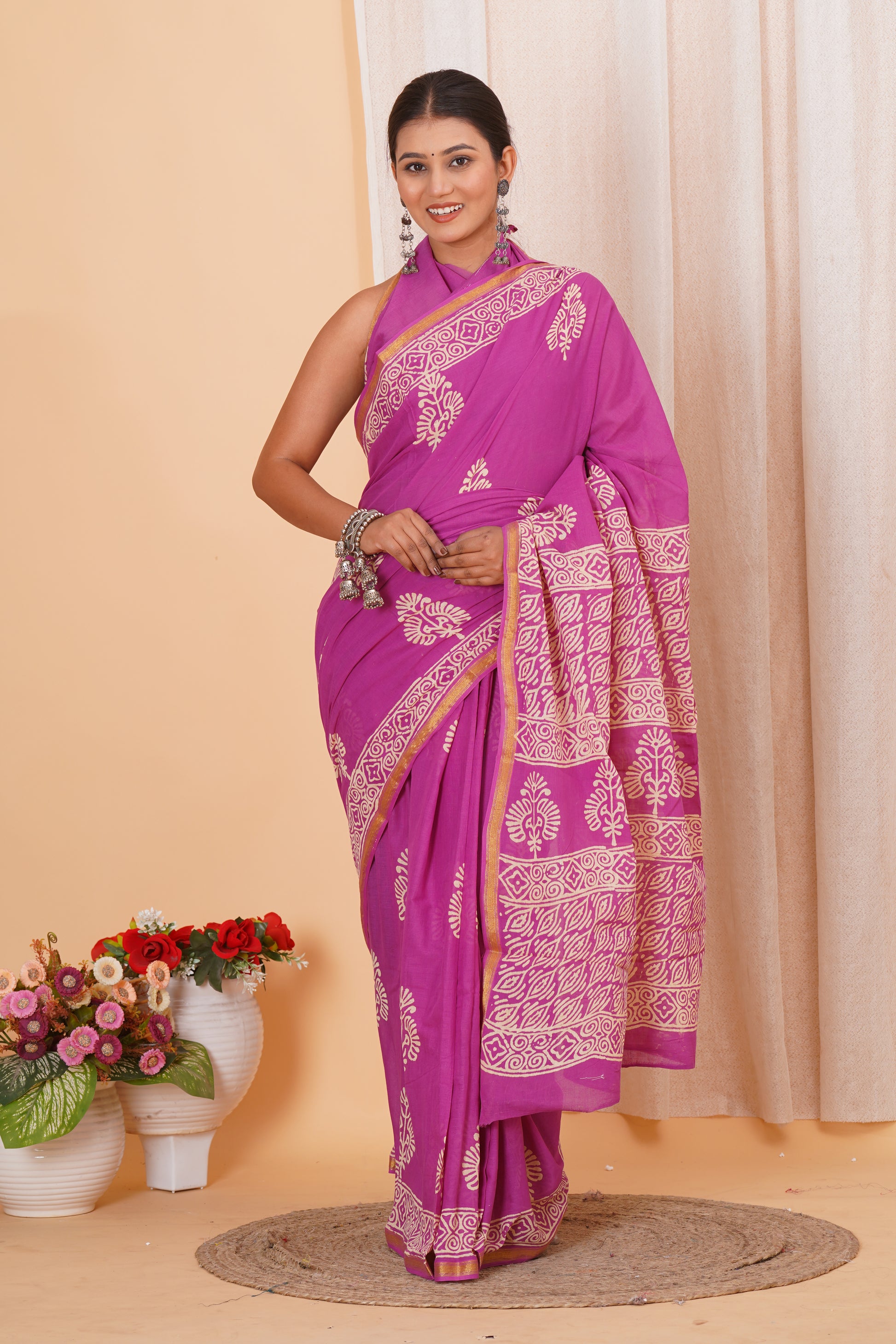 Purple Pure Soft Cotton Mulmul Saree with Zari Border and Blouse Piece – Hand Block Printed with Organic Vegetable Dyes