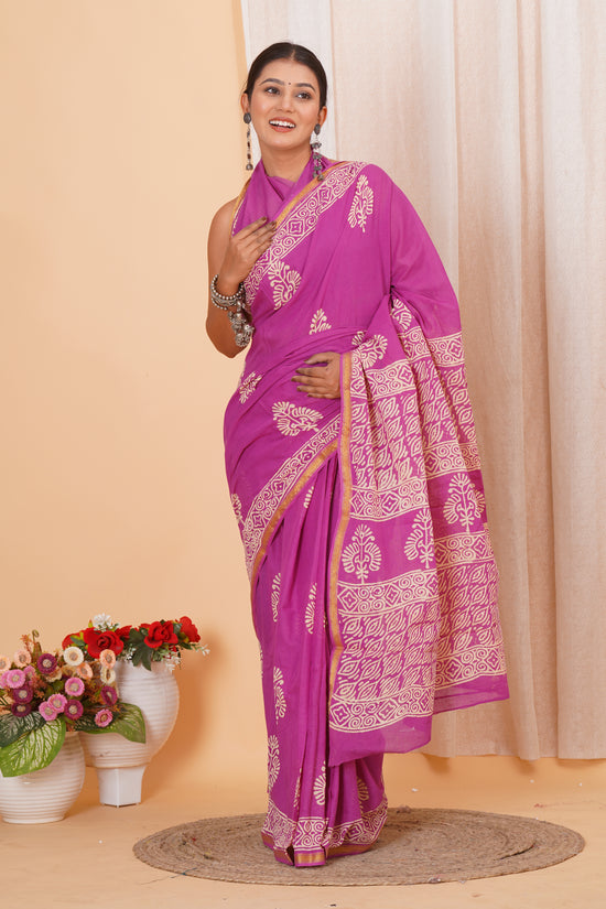 Purple Pure Soft Cotton Mulmul Saree with Zari Border and Blouse Piece – Hand Block Printed with Organic Vegetable Dyes