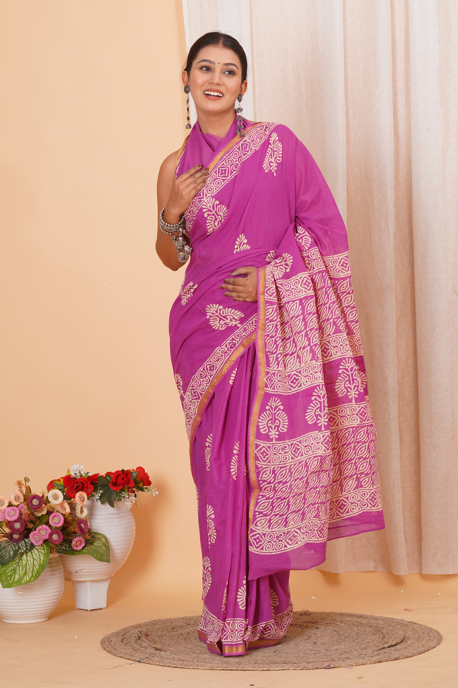Purple Pure Soft Cotton Mulmul Saree with Zari Border and Blouse Piece – Hand Block Printed with Organic Vegetable Dyes