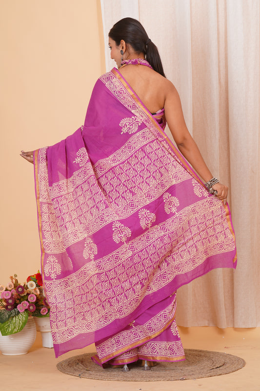 Purple Pure Soft Cotton Mulmul Saree with Zari Border and Blouse Piece – Hand Block Printed with Organic Vegetable Dyes