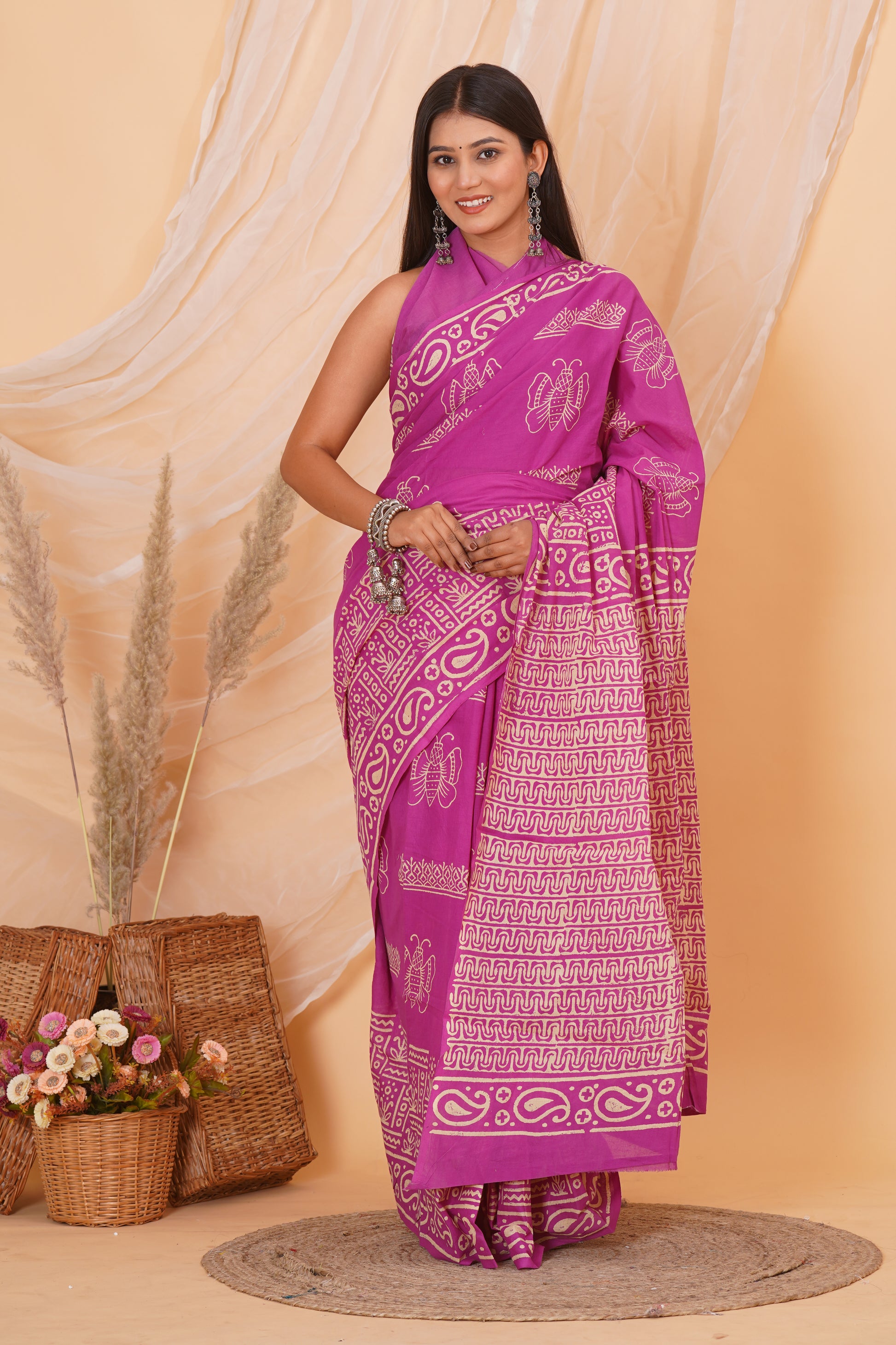Magenta Cotton Mulmul Saree With Blouse Piece