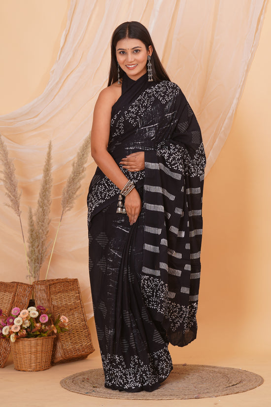 Black Cotton Mulmul Saree With Blouse Piece