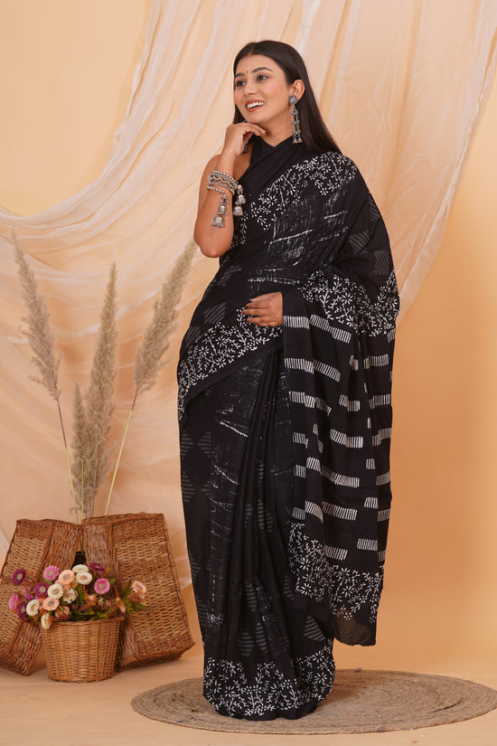 Black Cotton Mulmul Saree With Blouse Piece