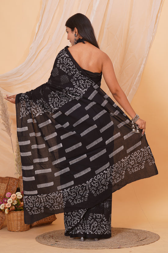 Black Cotton Mulmul Saree With Blouse Piece