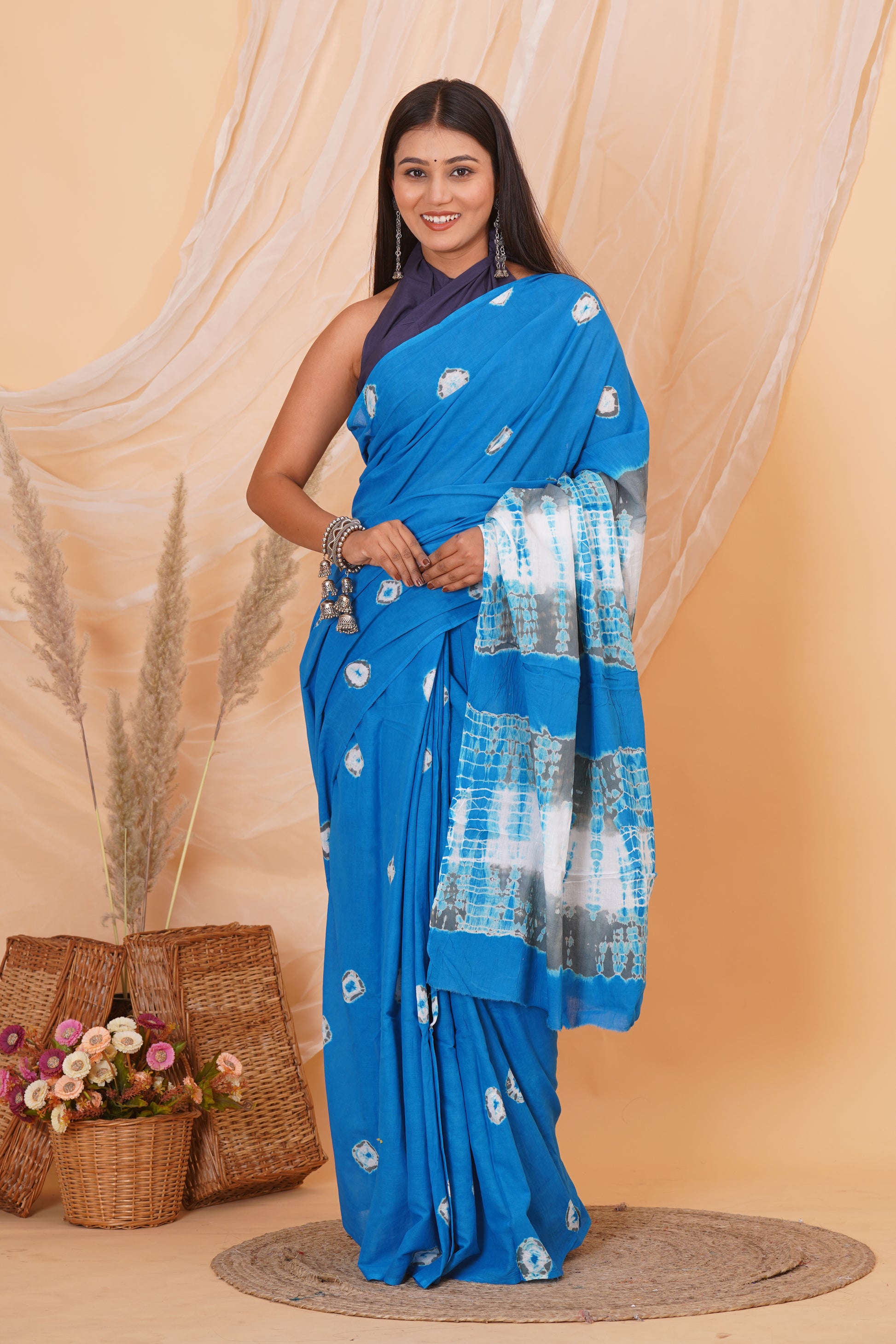 Sky Blue Cotton Mulmul Saree With Blouse Piece